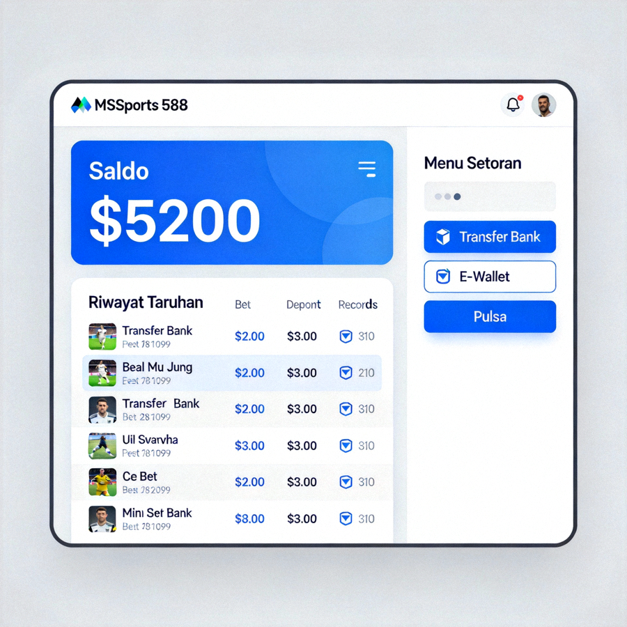 Dashboard akun pengguna MSports M88 yang menampilkan saldo, riwayat taruhan, dan menu setoran