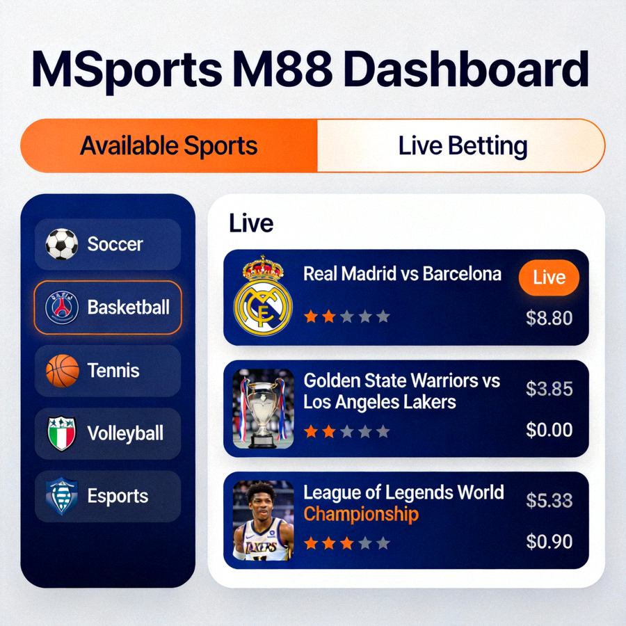 Dashboard MSports M88 setelah login berhasil menampilkan berbagai pilihan olahraga dan live betting