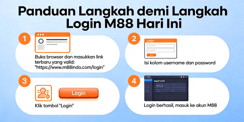 Ilustrasi panduan langkah demi langkah login M88 hari ini dengan menggunakan link terbaru yang valid