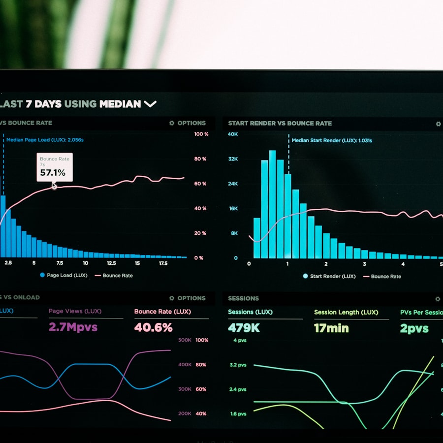 Ilustrasi analisis data dan grafik digital dengan warna biru dan ungu