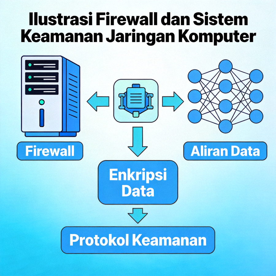 Ilustrasi firewall dan sistem keamanan jaringan komputer