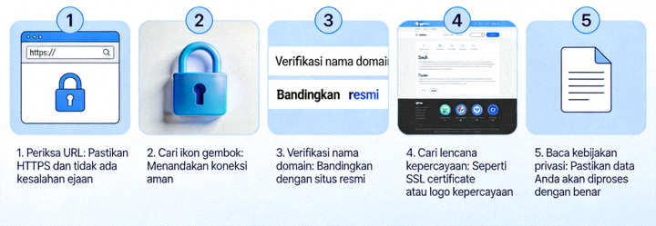 Ilustrasi langkah-langkah memverifikasi keaslian sebuah situs web sebelum memasukkan data pribadi