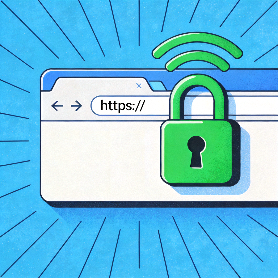 Ilustrasi keamanan akses internet dengan protokol HTTPS dan simbol gembok hijau