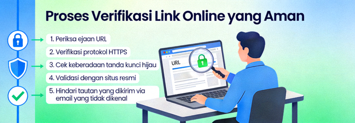 Ilustrasi proses verifikasi link online yang aman dengan checklist keamanan