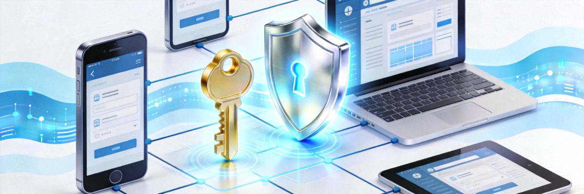 Ilustrasi teknologi akses online yang aman dan terpercaya dengan simbol kunci dan perisai