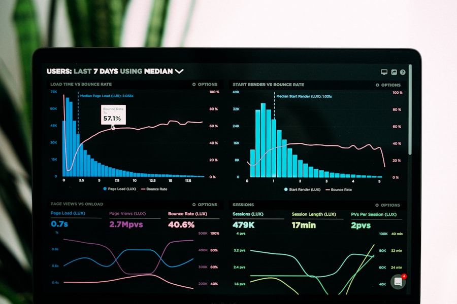 Ilustrasi konsep big data dan analitik dengan grafik warna-warni di layar komputer